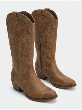 Rollda Brown Western Cowboy Boots Women's Size 7 Embroidered Mid Calf